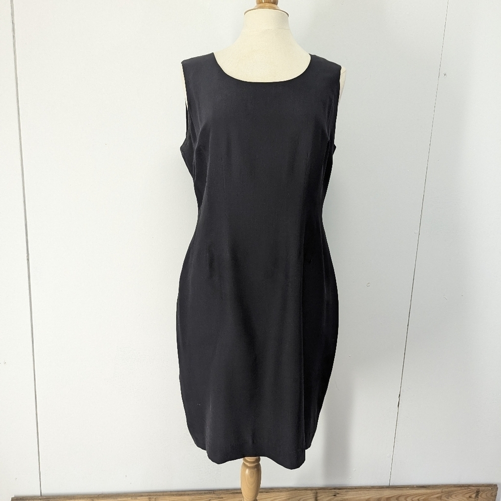 Hugo Buscati Milano Designer Black Silk Sheath Dress Sleeveless L Vintage 90s